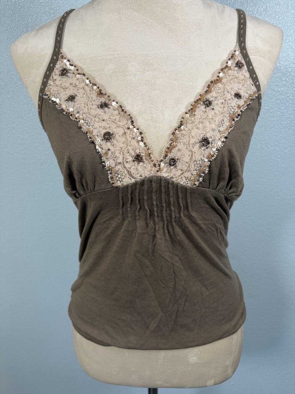 Y2K Brown Lace Beaded Sequin Cami Tank Top Fairy Grunge Coquette Size M
